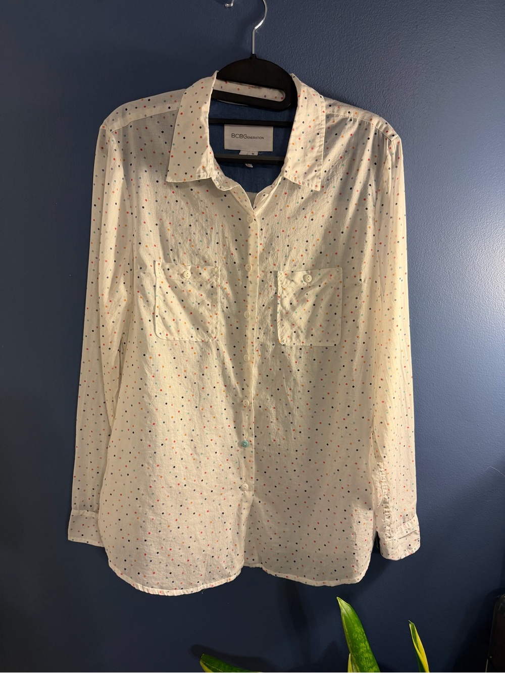 BCBGeneration Cream Button-Up Shirt with Multicolor Micro Dots Medium